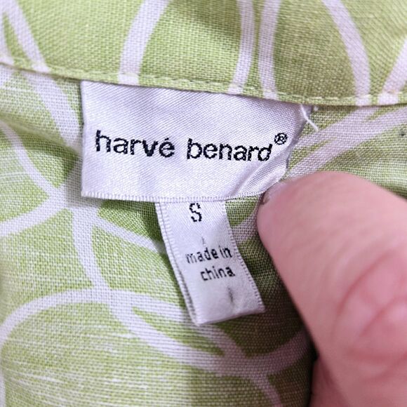 Harve Benard Small Light Green & White Linen Button Up 3/4 Length Sleeve Blouse - Picture 4 of 9
